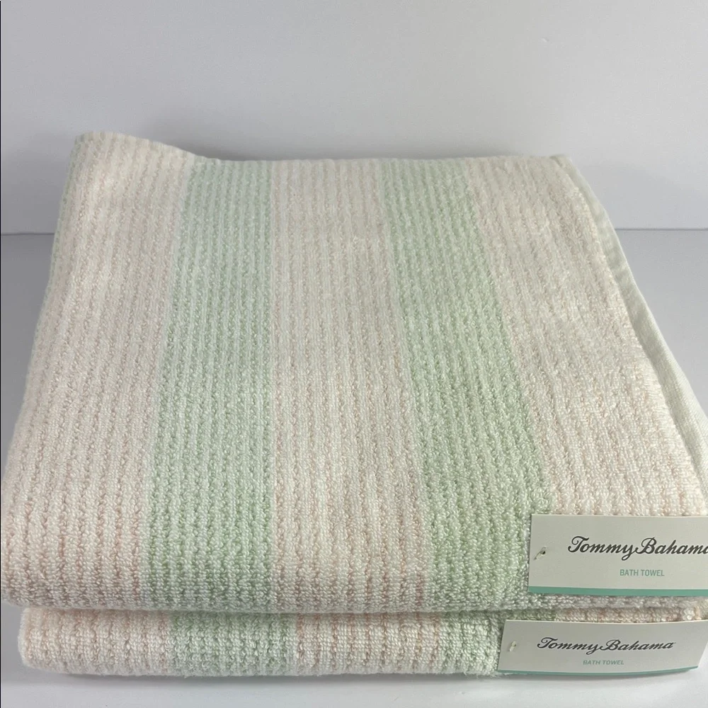 Tommy Bahama Bath Towels Pink Green White Striped Plush Cotton Set of 2 NEW